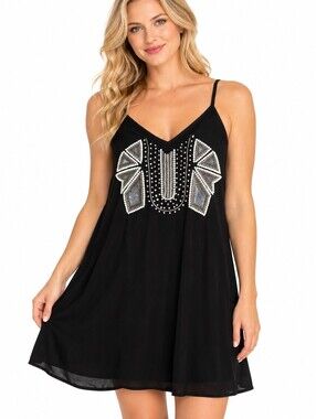 Revolve NBD City of Night Black Beaded Pearls Slip Mini Dress Whimsical Size XP